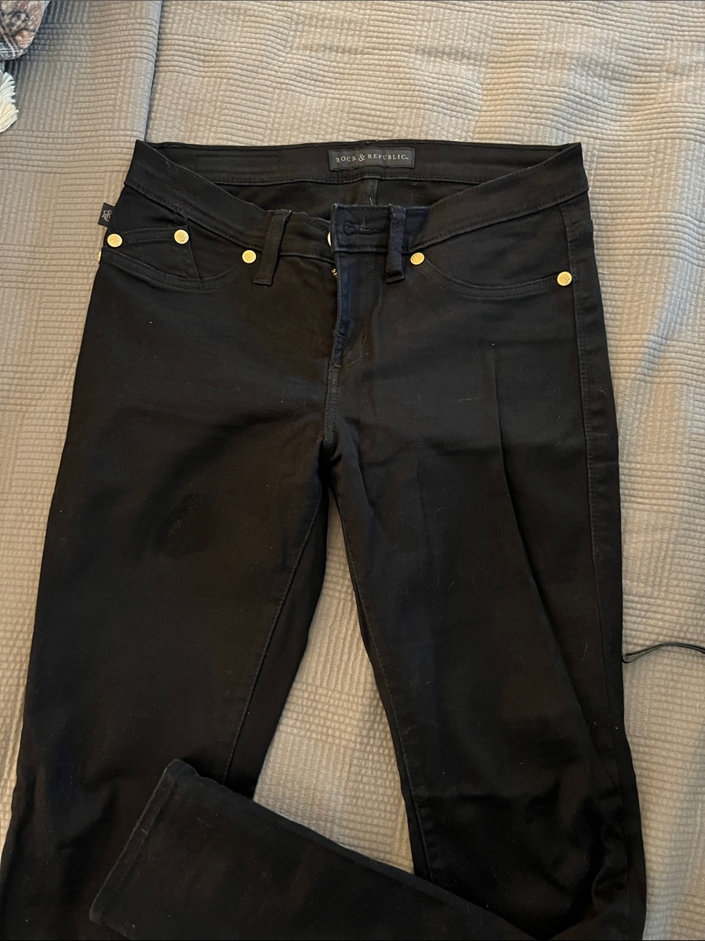 Rock & Republic Black Skinny Jeans with Gold Rivet Accents